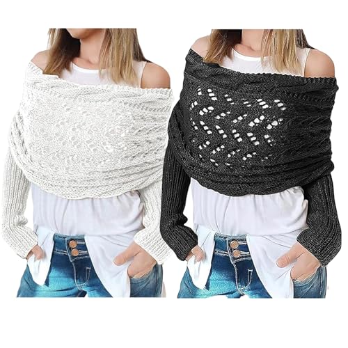 2 Pack Multifunctional Scarf with Sleeves,Autumn Winter Knitted Cable Wrap Sweater Scarf Crochet Pattern for Women