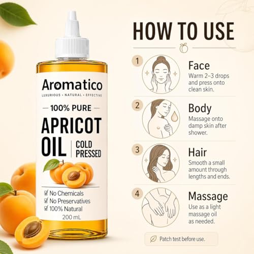 Image of AROMATICO Cold Pressed Apricot Kernel Oil for Hair & Skin - Lightweight Carrier Oil for Dry Skin, Hair Nourishment & Body Massage | 200ml
