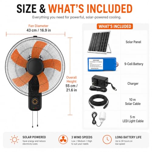 Ventilador de pared solar con batería de 30 horas y 5 aspas de 43cm 3