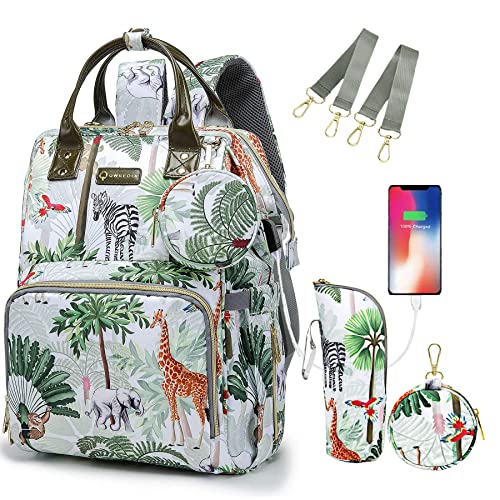 Image of QWREOIA Tropical Rainforest Diaper Bag Backpack,Animal Nappy Backpack with Coin Bag USB Charging Port Stroller Straps and Insulated Pocket For Women/Mom/Travel (Animal Pattern)
