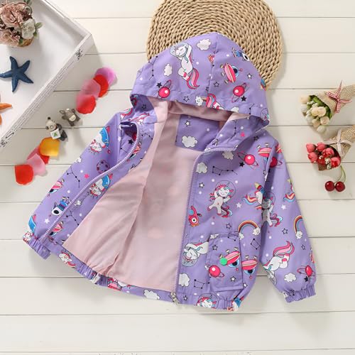 DDSOL Lightweight Hooded Windbreaker for Toddler Girls - Cartoon Print Unicorn and Owl Zip Jacket for Spring/Fall (Ages 2-8)2