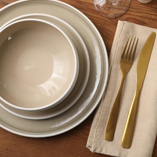 Image of Gibson Elite Pacifco Beach Plates and Bowls Sets, 12-Piece Stoneware Dinnerware Sets, Reactive Glaze Dish Set - Taupe