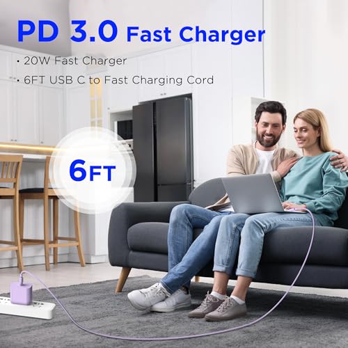 Image of iPhone 17 16 15 Charger Fast Charging,2Pack 20W Apple iPad USB C Wall Chrager Block with 6FT USB C to C Cable for iPhone 17 /Pro /Pro Max /17 Air / 16 /16 Pro /16 Pro Max /15 /Plus /Pro /Pro Max (Purple)