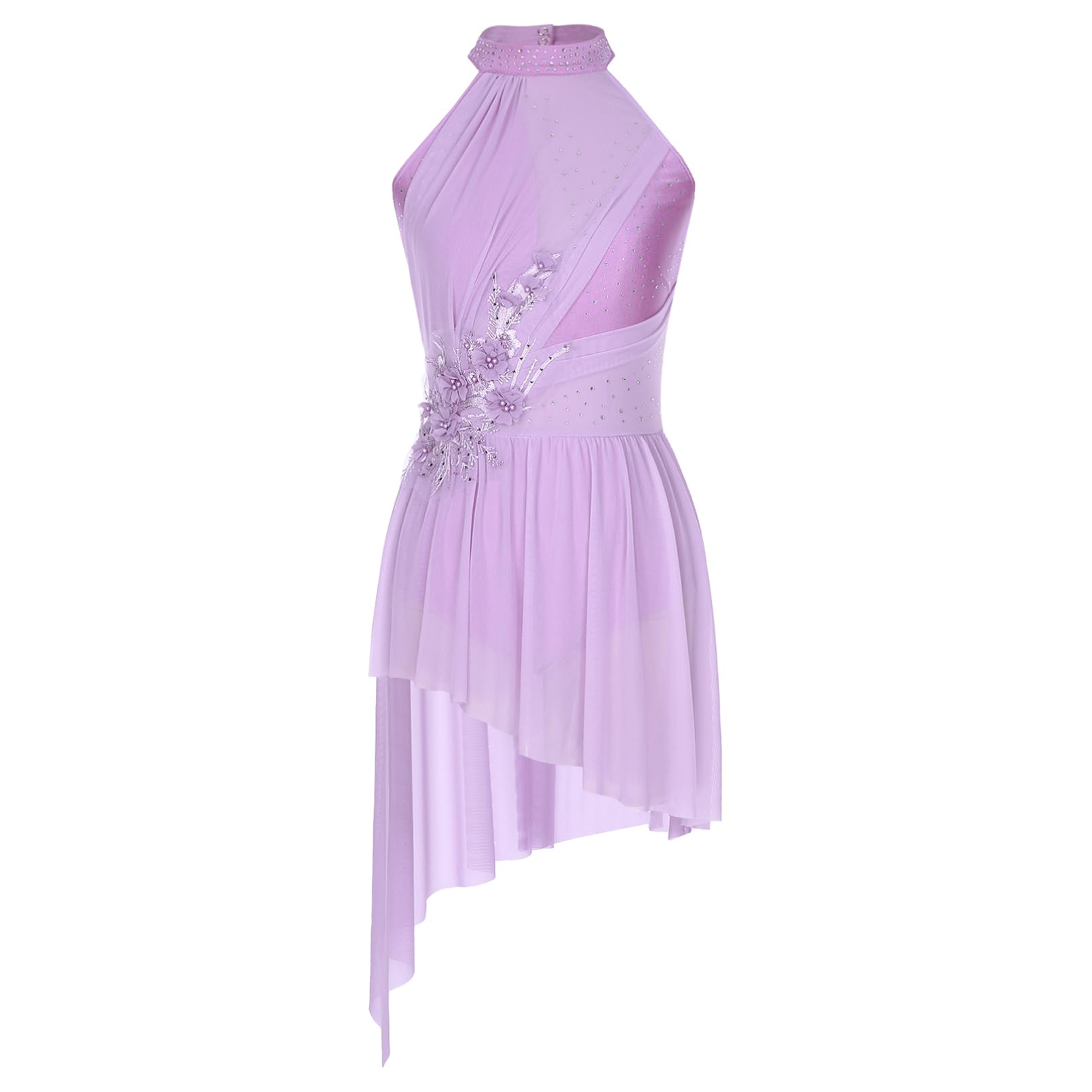 inhzoy Robe De Patinage Artistique sur Glace pour Femme Robe Danse Ballet Spectacle Asymétrique Fleur Broderie sans Manches S-XXL