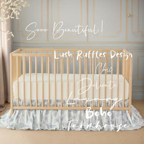 Image of Brandream French Country Toile Floral Print Cotton Crib Skirt Toddler Bedskirt Baby Nursery Crib Bed Skirt Boho Bohemian Neutral Blue Farmhouse Chic Ruffles Skirt