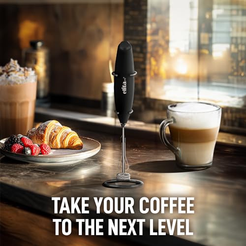 Image of ElitaPro Powerful Milk Frother Wand - 2 in 1 Handheld Coffee Frother and Egg Beater - Mini Foam Maker With Stand - Whisk Drink Mixer & Foamer for Coffee, Latte, Matcha, Hot Chocolate (Exec Black)
