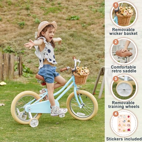 Image of Petimini Vintage Kids Bike for Girls, 12-20 Inch Classic Bicycle with Wicker Basket & Bell, High Tensile Steel Frame, Training Wheels (12-18 inch), 85% Pre-Assembled, Retro Bike for Outdoor Riding