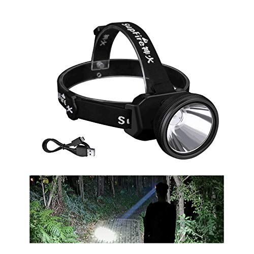 Supfire - Linterna frontal recargable por USB, resistente al agua, linterna frontal LED de gran alcance, batería 18650 integrada, perfecto para caza, pesca, 3 modos