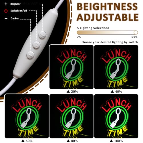 Image of Lunch Time Neon Sign for Wall Decor, 15.3 inch x 12.6 inch Led Signs for Kitchen, USB Dimmable Restaurant Neon Lights for Dining Room Luncheonette Bistro Food Bar Home Pub Party Wall Art