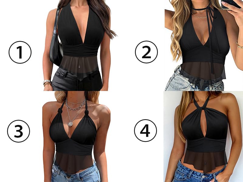 Nlife Women Halter Going Out Top Sexy Tie Backless Deep V Multi-Way Sheer Mesh Asymmetrical Party Club Concert Outfit2
