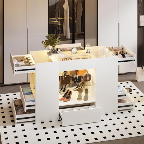 Kikihouse Modern Closet Island with 10 Drawers, LED Wardrobe Armoire