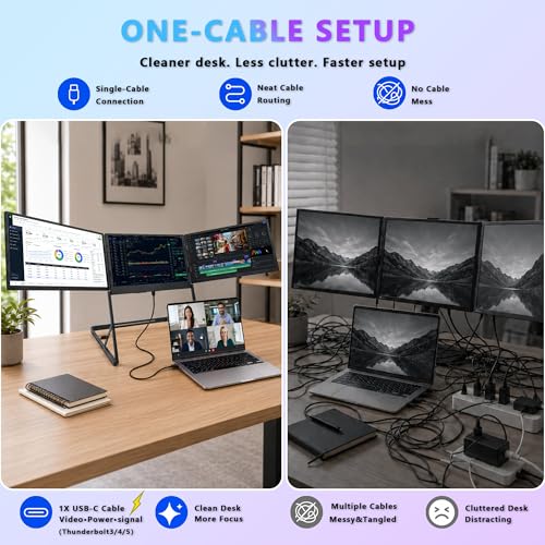 Image of Laptop Triple Screen Extender, 14 inch Freestanding Triple Portable Monitor for Laptop, 1080P FHD IPS, 1 USB-C Connection for 4 Screens, Foldable Triple Screen for Work & Travel