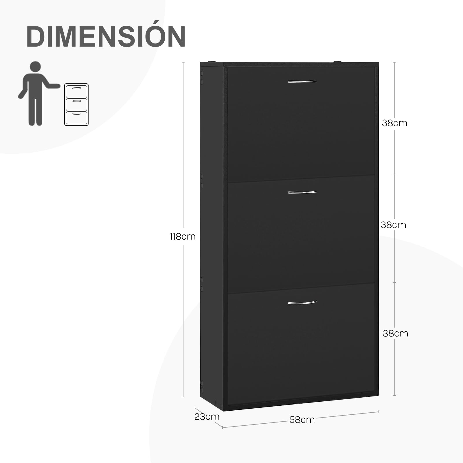 WOLTU Zapatero de Entrada, Armario de Zapatos con 3 Puertas Abatibles, Zapatero Estrecho de Recibidor Pasillo Salon, Estantes Ajustables, Capacidad 14-18 Pares, 58x23x118 cm, Negro | Para 14-18 pares de zapatos, adecuado para pasillos y salones, 58 x 23 x
