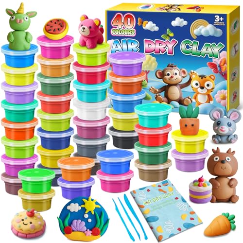 FENSHWIN Pate a Modeler - 40 Couleurs Argile Autodurcissante Pâte à Modeler Magique pour Enfants, Cadeau pour Garçons et Filles âgés de 3 à 12 Ans