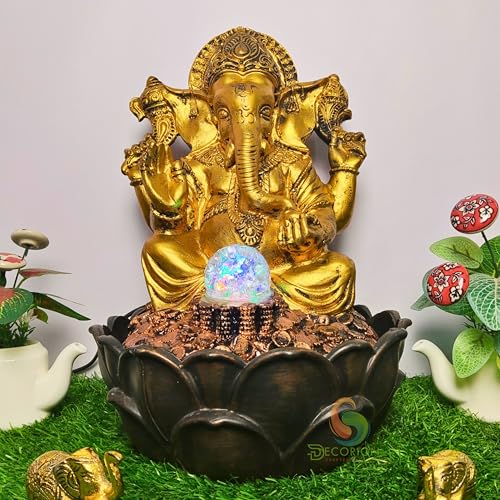 Image of Golden Ganesha Decorative Table Top Water Fountain for Home Decor /Office /Indoor & Outdoor /Garden /Puja Room /Vaastu with Multicolor LED Light & Adjustable Water Pump (Big Golden Ganesha D-027)