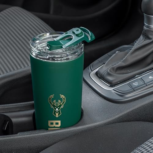 Image of Rico Industries NBA Basketball Milwaukee Bucks Green 24oz Stainless Steel Tumbler with Lid and Dual Functioning Lid