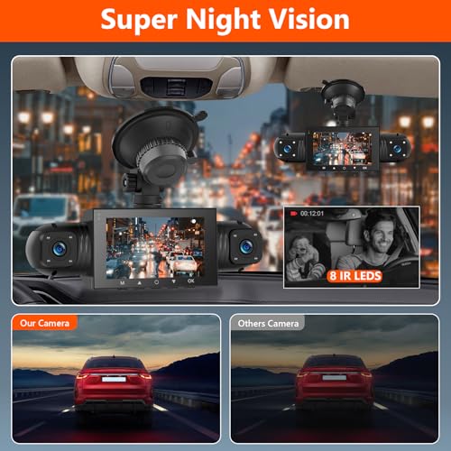 360° Dash Cam Front and Rear Inside,4 Channel 3\" IPS Touchscreen Dash Cam Front and Rear Inside Left Right,4*1080P Dash Camera with 8 IR Night Vision,Loop Recording,G-Sensor,24 Hours Recording+64G TF