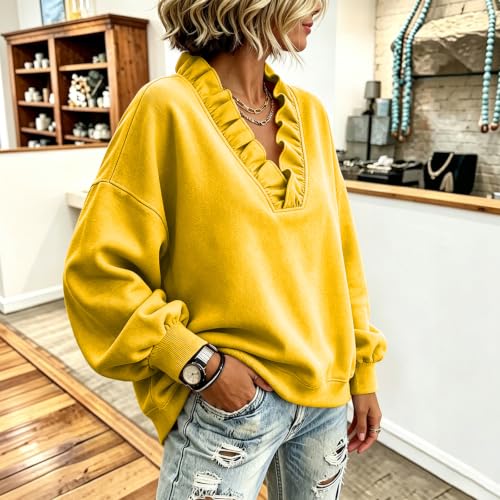 V Neck Sweatshirt Women Fleece Ruffle Oversized Sweatshirts Winter - image 5