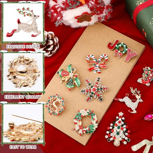 Image of 12PCS Merry Christmas Brooches, Crystal Rhinestone Pins for Women | Xmas Trees Snowman Elk Penguin Light Bulb Design, Sparkling Christmas Jewelry Gift for Girls, Holiday Party Ladies Accessorie