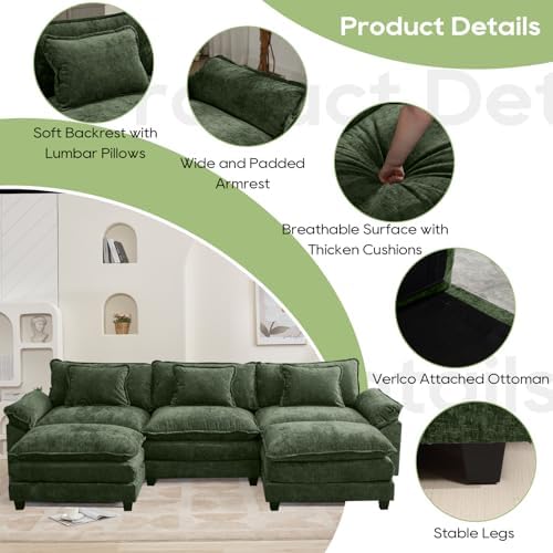 Oprisen 120" Modular Sectional Sofa, Comfy Cloud Couch Sectional Sofa with Ottoman, Chenille Sofa Sleeper Deep Seat Sofa with Throw Pillows for Living Room (Green, 120"- U Shape) - 5