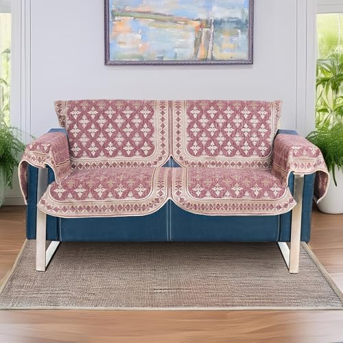 Image of Premium Chenille Woven Anti-Slip 2 Seater Sofa Cover with Arm Rest | L-Shape Sofa Seat Protector for Living Room | Durable & Stylish Slipcover - Onion Pink - Floral