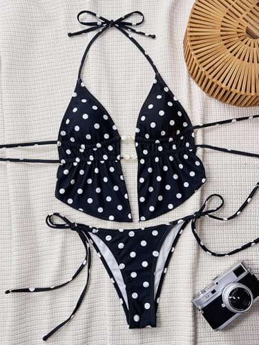 Image of Women's 2 Piece Boho Polka Dots Beaded Bikini Sets Sexy Swimsuits | Halter Swimsuits, Backless, Textured, Tie Side, Tankini Set, Bathing Suits, Summer, Vacation