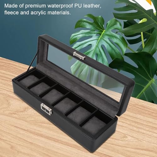 Image of House of Quirk 6 Slot Leather Watch Box Display Case Organizer Glass Jewelry Storage Watch Box 6 Compartments Glass (Black)