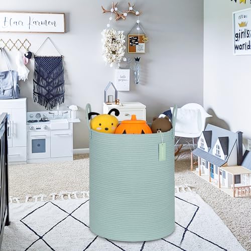 Image of Large Cotton Rope Laundry Hamper for Clothes 65L, Light Green
