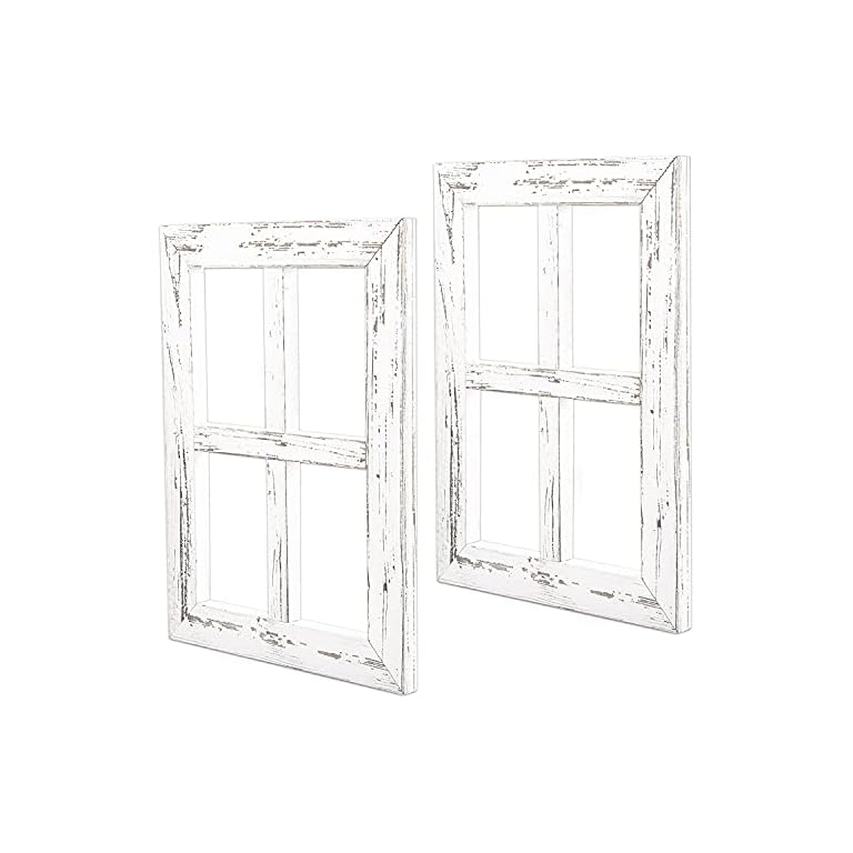 Rustic Window Frame Wall Decor - Pack of 2 - Hanging Farmhouse Window Pane Home Decor - White 11” x 15”