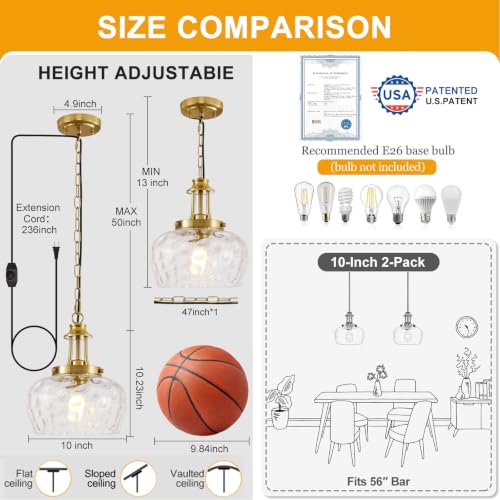 Image of Plug in Pendant Lights Kitchen Island, Modern Brushed Gold Pendant Light Fixtures with 10 inch Clear Hammered Glass Shade, Industrial Hanging Pendant Lights Fixture for Kitchen Island Dining Room Entryway