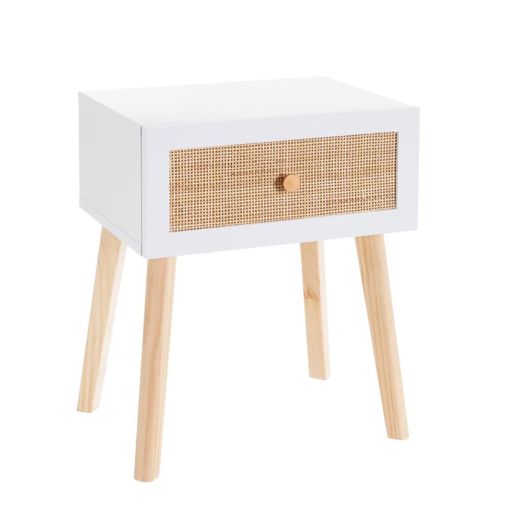 LOLAhome Mesita de Noche de 1 cajón de Rejilla Blanca de Madera y Rattan de 40x30x50 cm