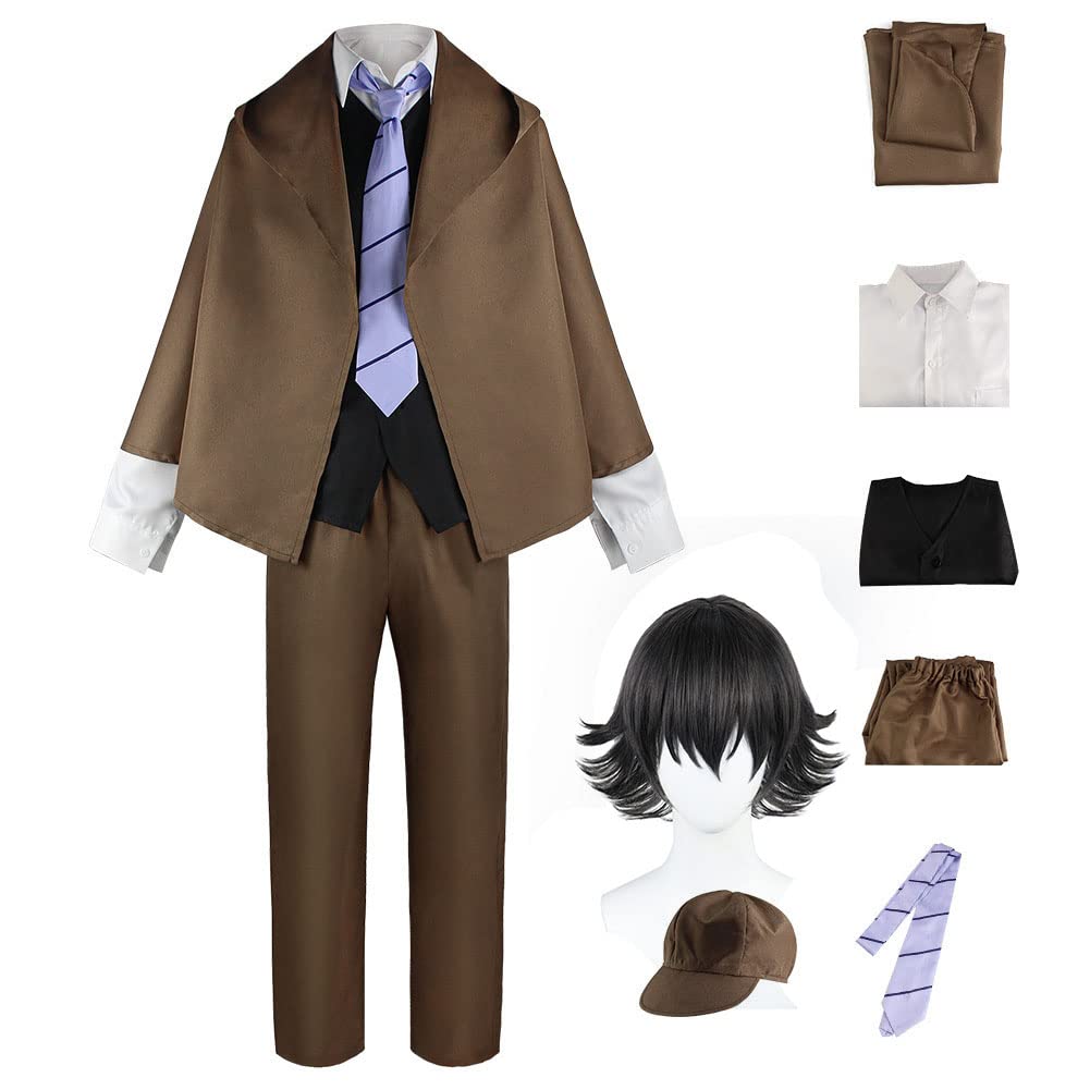 BSD Dazai Osamu Cosplay Costume Nakahara Chuuya/Yosano Akiko Cosplay Outfit, Anime Nakajima Atsushi Detective Uniform Pant or Shirt Skirt Full Set with Wig Halloween Dress Up Suit for Women Men