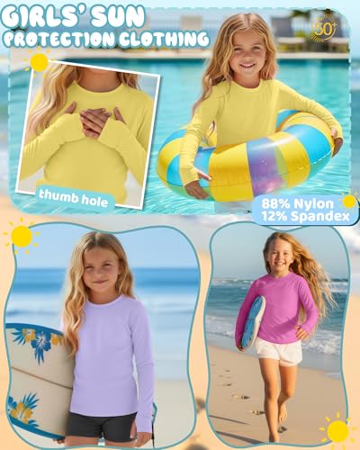 Image of 3 Pack Girls Rash Guard Swim Shirts 5-14Y UV Sun Protection Long Sleeve Thumb Hole Quick Dry T-Shirts UPF 50+ Tees
