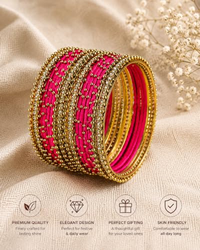 Image of NMII Non-Precious Metal with Base Metal and Zircon Gemstone Studded Ball Chain Linked Glossy Finished Silk thread Bangle set for Women and Girls