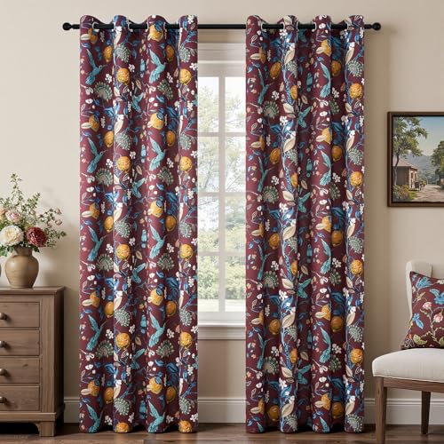 Image of Rust Vintage Floral Curtains 84 Inch Long Luxury Whimsical Euro Flower Lemon Hummingbird Patterned Waverly Mid Century Colorful Blackout Drapes for Living Room Bedroom