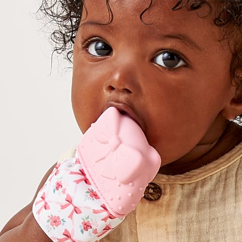 Image of Itzy Ritzy Silicone Teething Mitt - Soothing Infant Teething Mitten with Adjustable Strap, Crinkle Sound & Textured Silicone to Soothe Sore & Swollen Gums - for Ages 3 Months & Up (Bow)