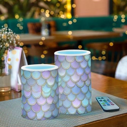 Image of Vdsrup Flameless Candles Set of 2 Purple Teal LED Candles with Timer Battery Operated Mermaid Scale Candle Lights Flickering with Remote for Home Bedroom Decor