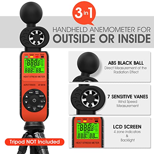 3In1Digital Anemometer Handheld Ap-881W Portable Anemometer Wind Speed Meter Measures Wind Speed/ Humidity /Wbgt Alarm With Temperature (℃/℉) For Hvac Vents, Boat Sailing, Shooting #TOP3