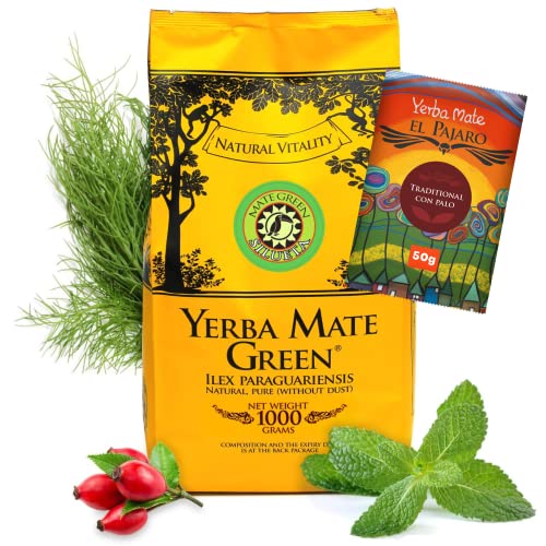 Yerba Mate Green Silueta 1000 g ● Leicht Süß und Sauer Mate Tee ● mit Minzblatt, Hagebutte ● Fenchelfrucht und Apfelaroma ● Hohe Qualität Großes Paket ● Mate Tee Loose leaf 1kg + El Pajaro 50g