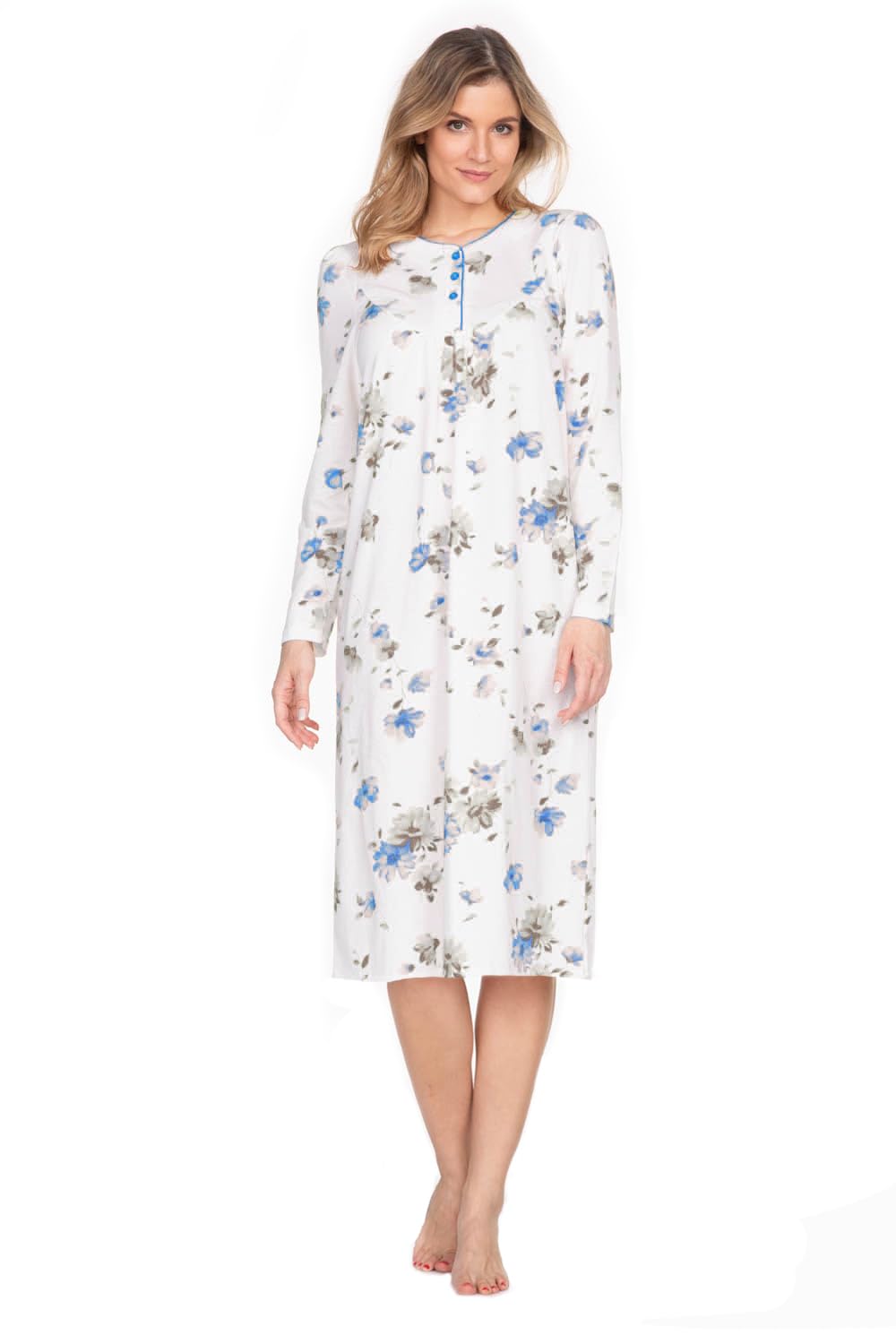 e.Femme® Kate 1029 Ladies Long Sleeve 100% Cotton Nightdress, white/blue, 18
