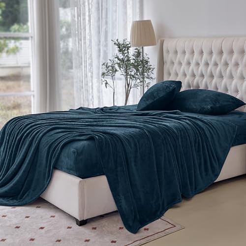 Elegant Comfort Luxuriously Soft 4-Piece Velvet Plush Flannel Sheet Set - Premium Quality - Cozy Warm, Anti-Static, Non Pilling Fuzzy Velvet Flannel Fleece Deep Pocket Sheet Set - Twin XL, Navy