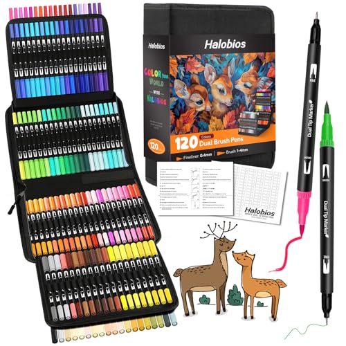 Halobios Dual Brush Pen Set, Filzstifte 120 Farben Pinselstifte Marker Aquarell Stifte Für Kinder und Erwachsene, Ausgestattet mit Schwarzer...