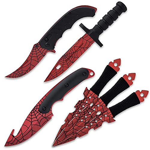 BLACK LEGION Red Widow Set and Sheaths - Stainless Steel Blades, Laser Printed Artwork, TPU and TPR Handles, Survival Knife, Throwers, Pocket Knife, Gut Hook Knife, For Your Fantasy Collection
