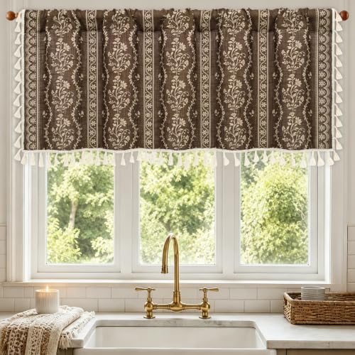 Image of Yinhua Boho Valance Curtains Vintage Linen Kitchen Valances for Windows Light Filtering Bohemian Floral Valance Rod Pocket Tassel Window Valances for Bathroom Cafe, 52 inch W X 18 inch L, Brown