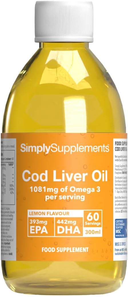 Cod Liver Oil Liquid Supplement | Supports Heart, Brain, Eye & Immune Health | High in DHA & EPA | Natural Lemon Flavour | 60 Servings (60ml) | Made in The UK | Made with MSC-Certified Cod Liver Oil