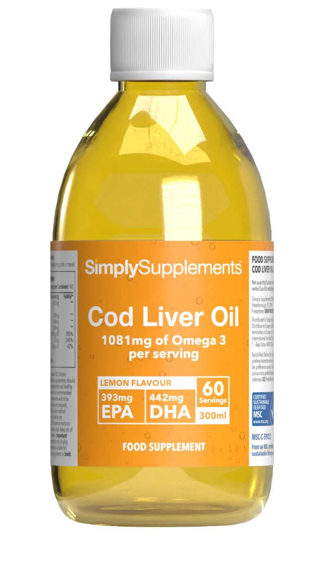Cod Liver Oil Liquid Supplement | Supports Heart, Brain, Eye & Immune Health | High in DHA & EPA | Natural Lemon Flavour | 60 Servings (60ml) | Manufactured in The UK to GMP Standards