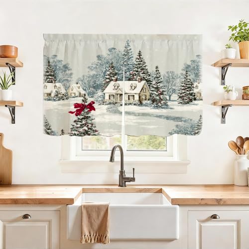 Image of Self Adhesive Vintage Cottage & Pine Cabinet Curtain for Mother's Day, 39x28 Inch Farmhouse Manor Under Sink Skirt No Drill, Spring Cleaning Kitchen Decor, Hook and Loop Laundry Valance