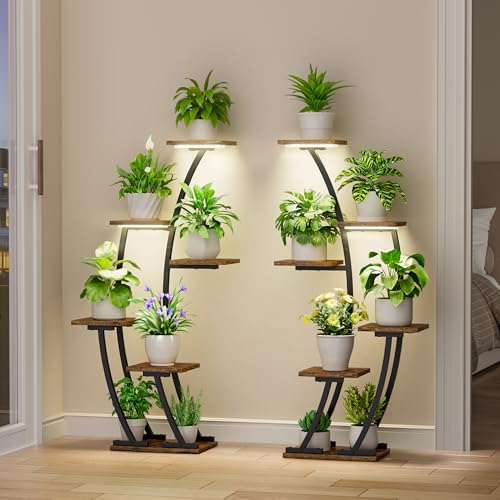 Image of BACEKOLL Plant Stand Indoor with Grow Lights, Plant Shelf Indoor 2 Pack, Corner Plant Stands for Indoor Plants, 6 Tiered Plant Flower Display Shelf, Half-Moon Plant Rack for Home, Living Room, Black
