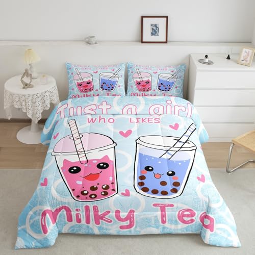 Feelyou Boba Bedding Set Girl Loves Boba Comforter Kawaii Bubble Tea Stuffed Comforter Set for Kids Adults Cartoon Boba Duvet Set Twin Size Quilt Set