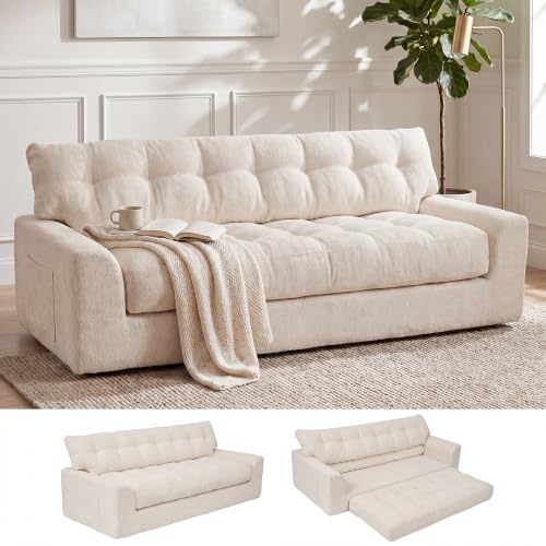 Image of MONVANE 75.6 inch Convertible 3‑in‑1 Chenille Boneless 3 Seater Sofa, Beige